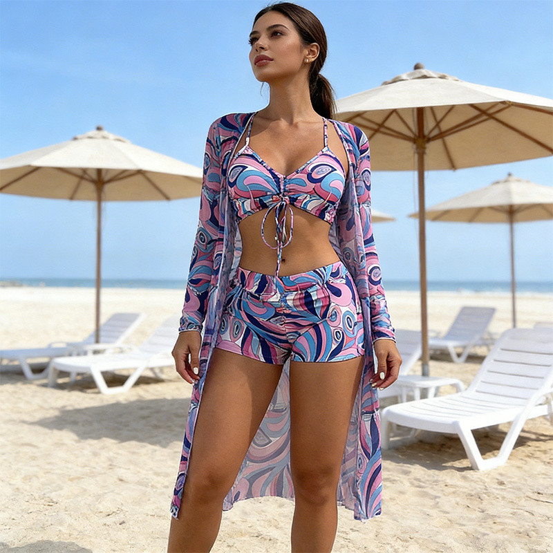 Conjunto Biquíni Feminino 3 Peças Estampa Floral Com Kimono Manga Longa