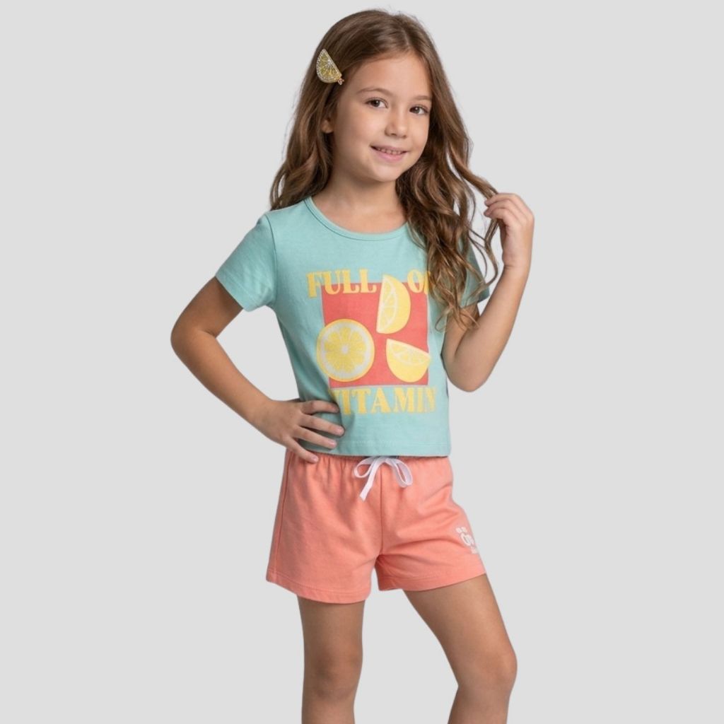 Conjunto Curto de Verão Infantil Menina com Blusa Cropped e Shorts Meia Malha