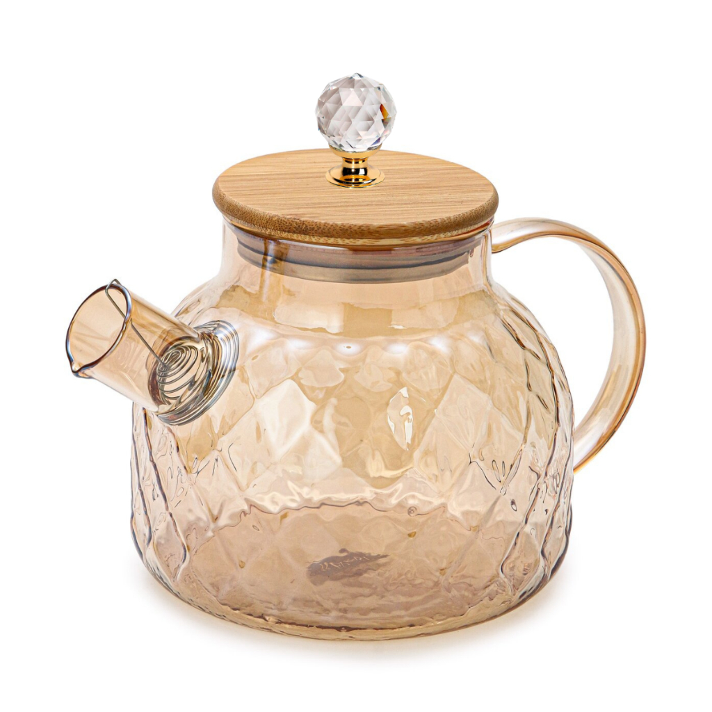 Chaleira Bule Ambar de Vidro Borossilicato Com Tampa de Bambu, 1L Resistente ao Fogo Novidade