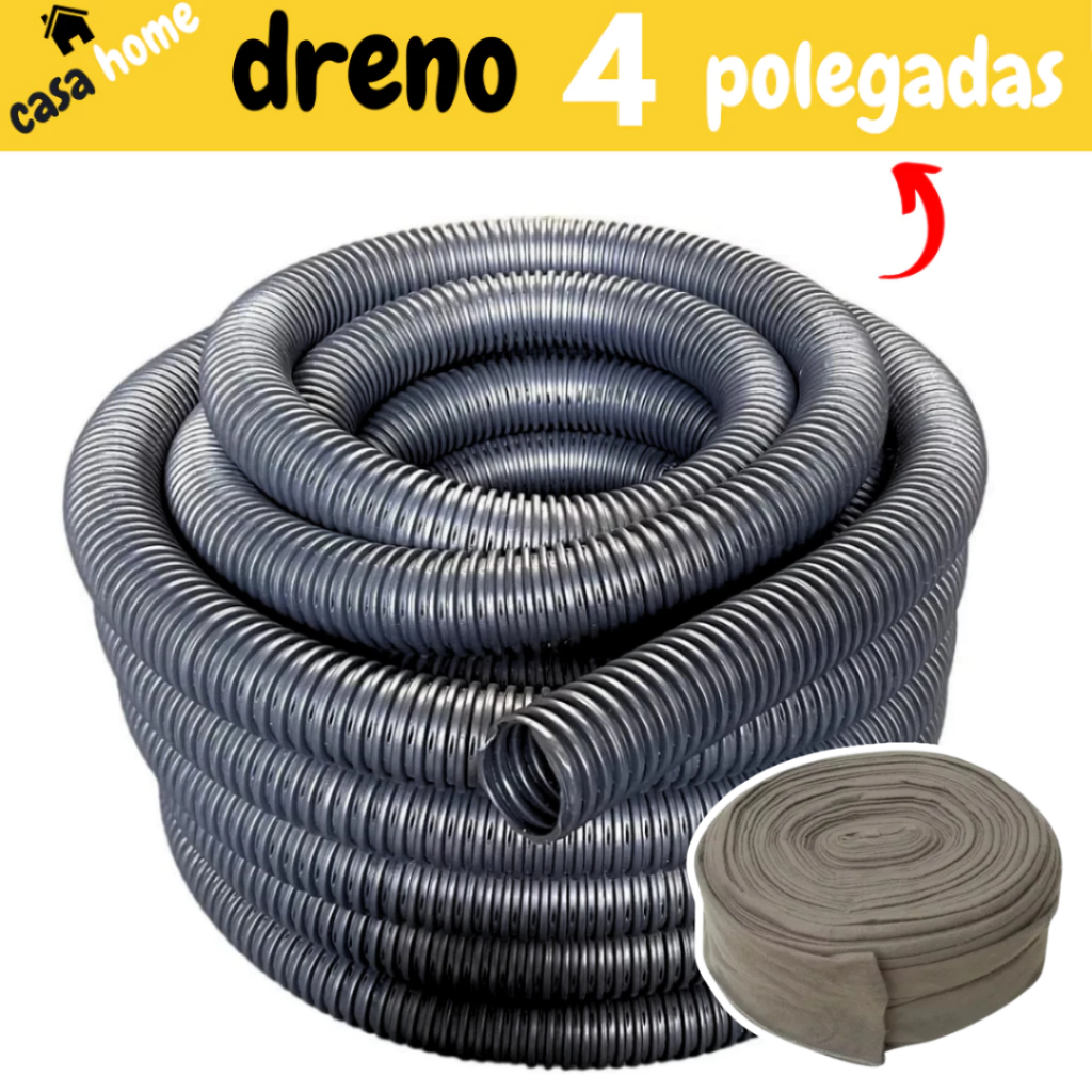 Tubo Duto PEAD Corrugado Dreno Perfurado 4 pol (100mm) Rolo 10 Metros para Drenagem e Construção Kit com Camisa de Bidim