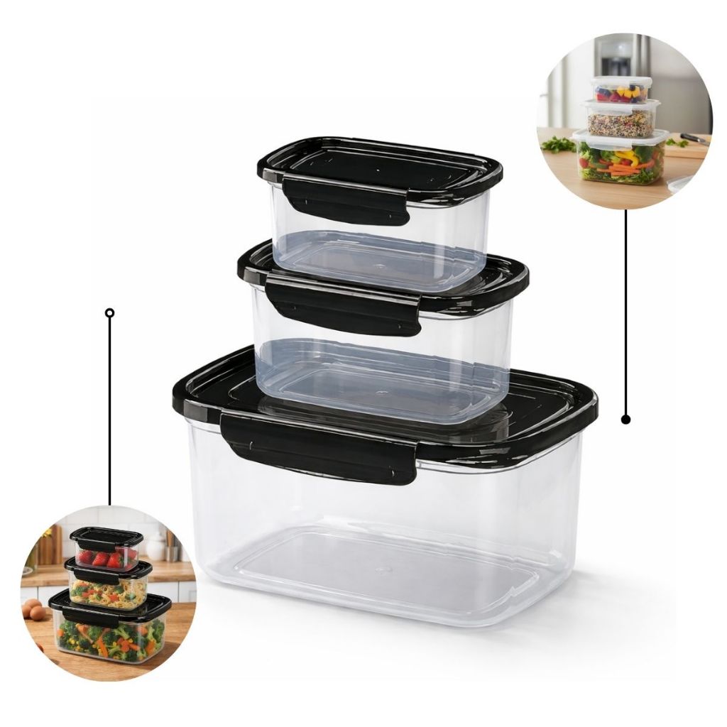 Kit De Potes Herméticos P M G Com Trava 3 Peças Transparente organizador de alimentos cozinha geladeira marmitas