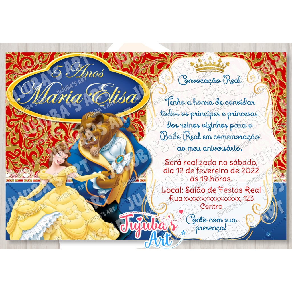 Convite de Aniversário Personalizado tema A Bela e a Fera com Envelope