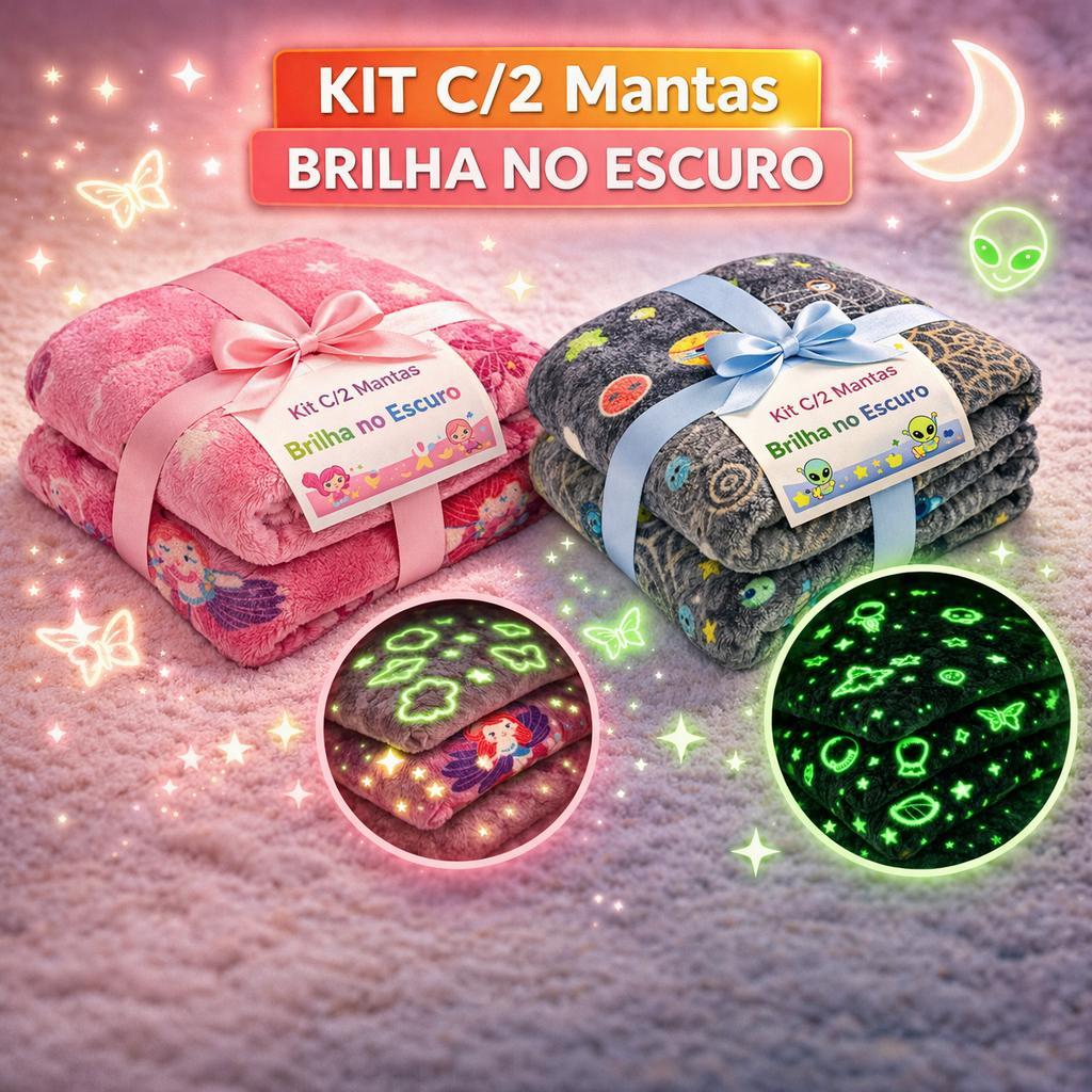 Kit 2 Cobertor Manta Brilha no Escuro Neon Infantil 2,00x1,80 Varias Estampas