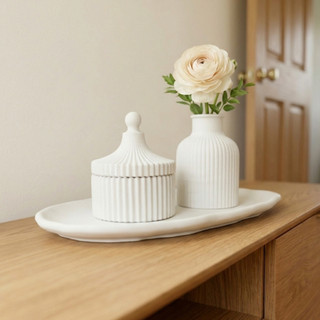 Kit Vaso Decorativo Centro De Mesa Bandeja De Gesso Flores Plantas Porta Joia Porta Vela