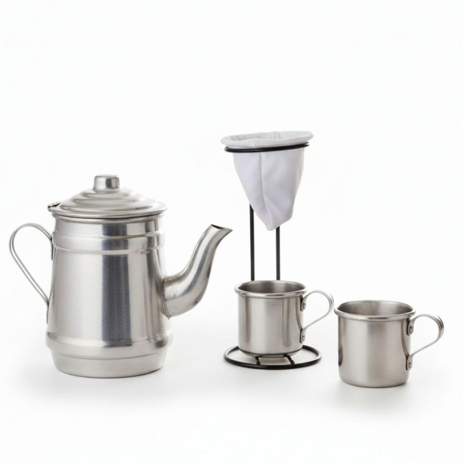 Kit Conjunto Primer Mini Coador Aramado Refil Bule 2 Xícaras Alumínio Polido