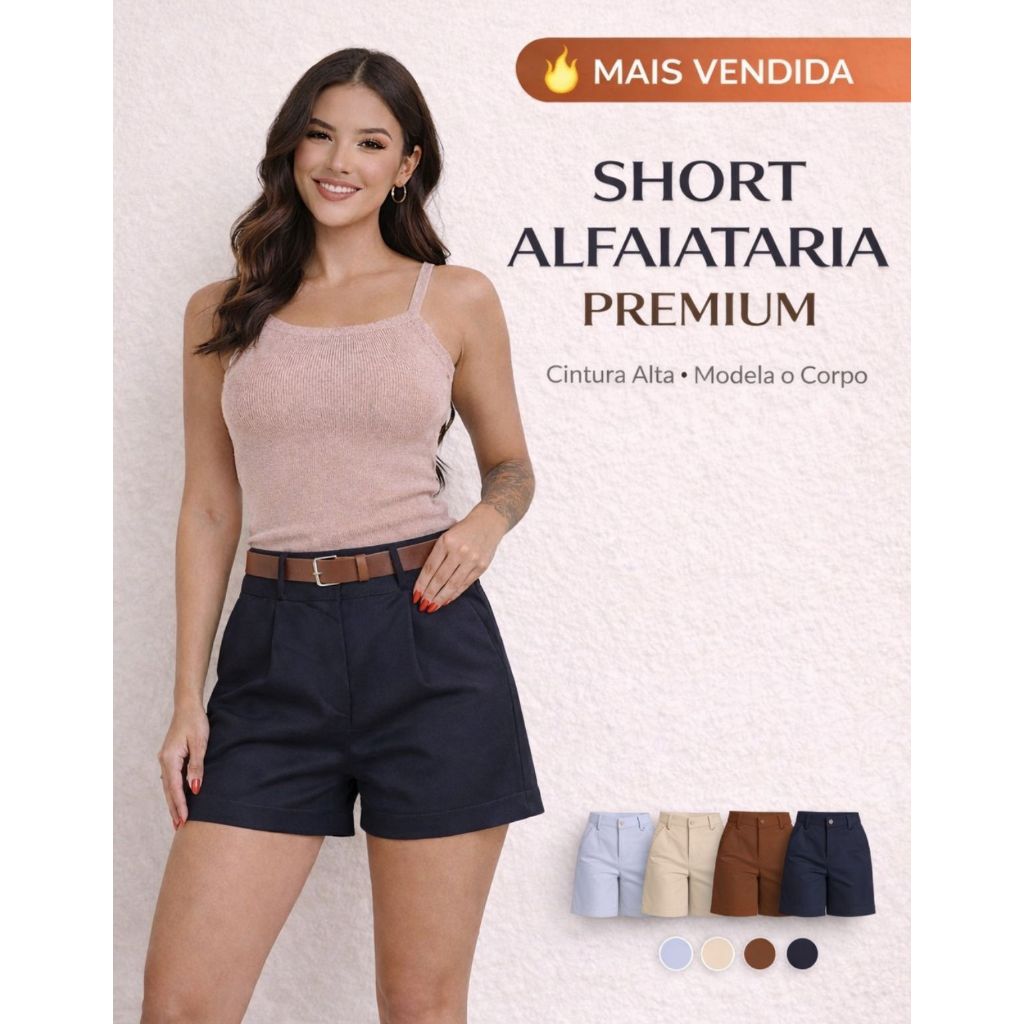 Short Feminino Alfaiataria em Linho com Cinto – Short Social Cintura Alta Moda Verão em Oferta na Shopee