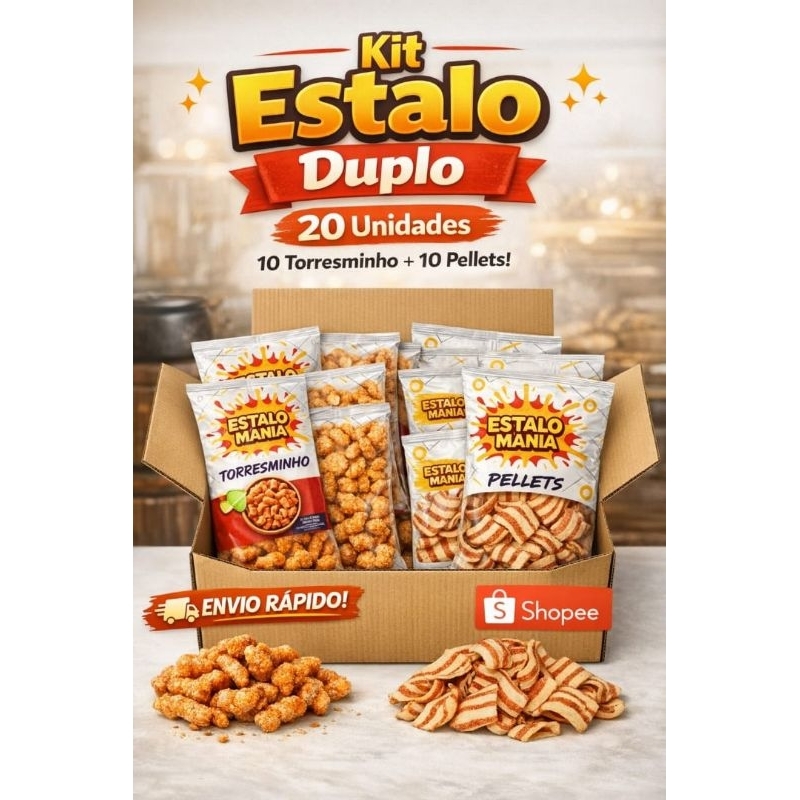 Kit Estalo Duplo 20 Unidades | 10 Torresminho + 10 Pellets Estalo Mania | Snack para Revenda, Festa e Happy Hour