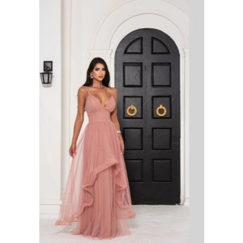 Vestido de Festa Rosê Com Alça em Tule - Para Madrinhas, Convidadas e Formandas.