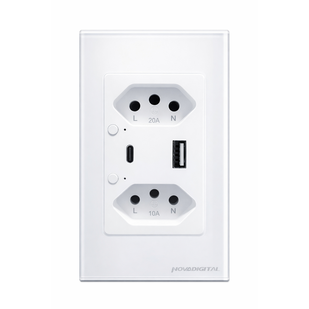 Tomada Inteligente WiFi dupla 10a e 20a Porta USB Tipo C Tomada de Parede Smart vidro Novadigital Alexa e Google Home