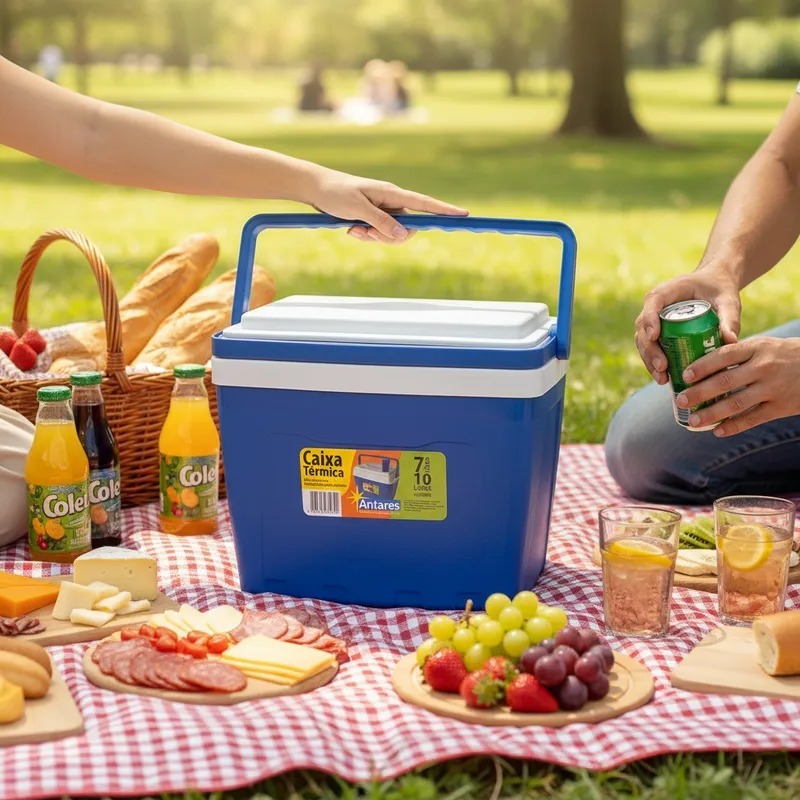 CAIXA TÉRMICA COM ALÇA 7 LITROS PORTÁTIL 10 LATA MINI COOLER PORTA COPO