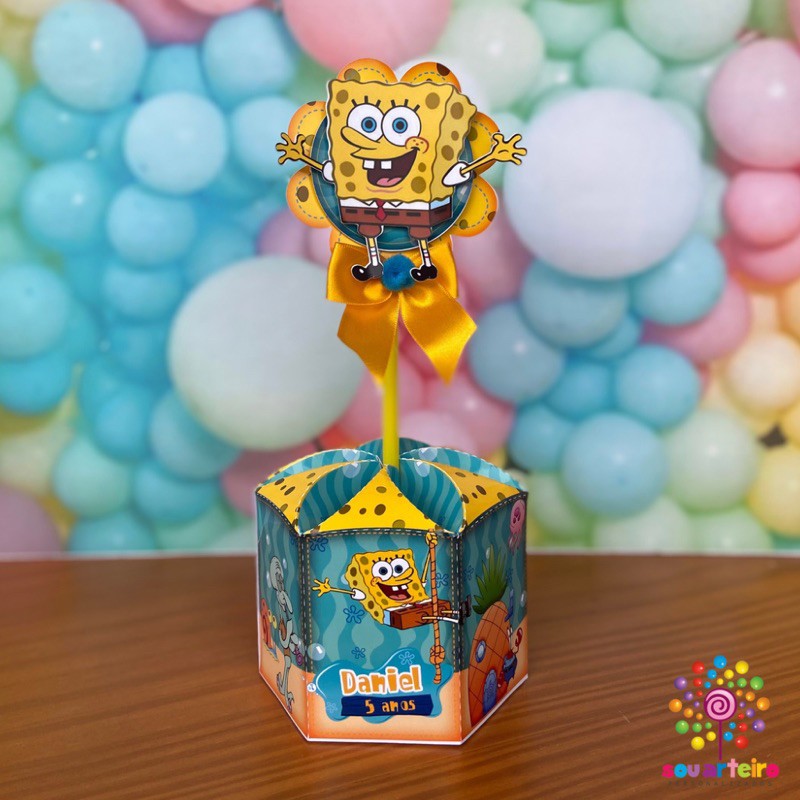 Centro de Mesa Sextavado Bob Esponja Personalizada Caixa Sextavada Festa Infantil Luxo Pegue e Monte