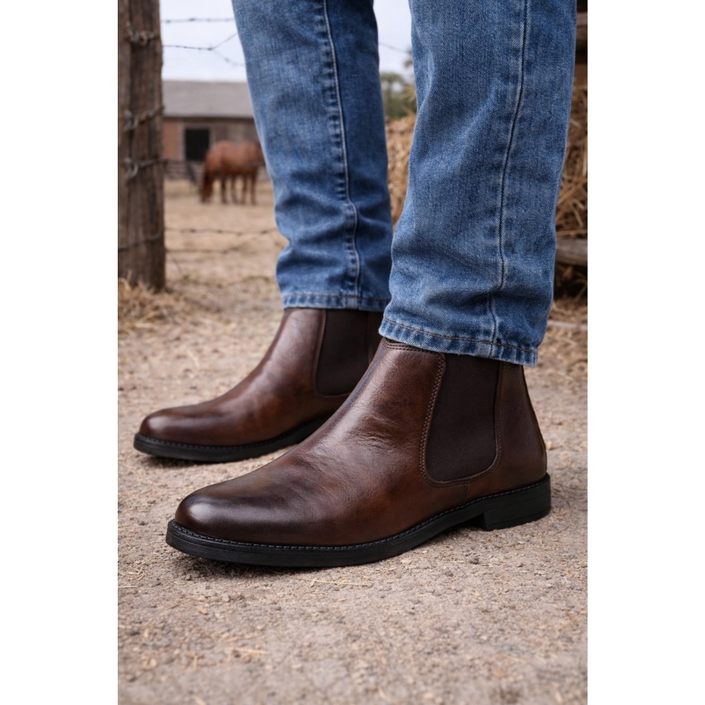 Botina Masculina de Couro Sola de Borracha Costurada Reforçada Estilo Country Bota Confortável