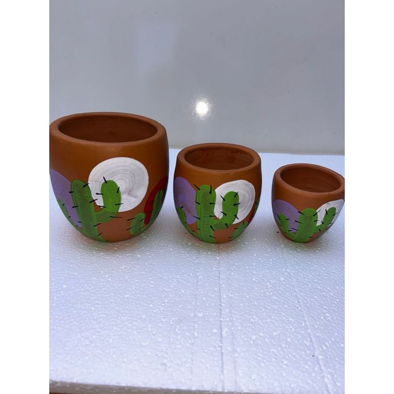 Kit 3 Vasos de Barro Decorados Cactos - Vaso de Planta Cerâmica Artesanal Pintado à Mão - Trio de Vasos Decorativos