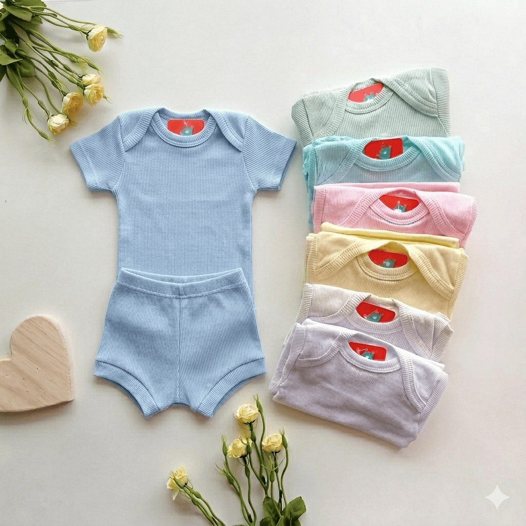 Kit bebe 4 peças -  Body bebe manga curta e Shorts Canelado enxoval