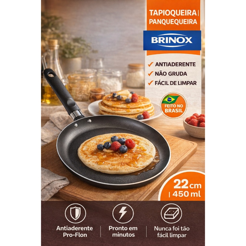 Frigideira / Tapioqueira Brinox 22cm – Antiaderente Pro-Flon (Panquequeira)