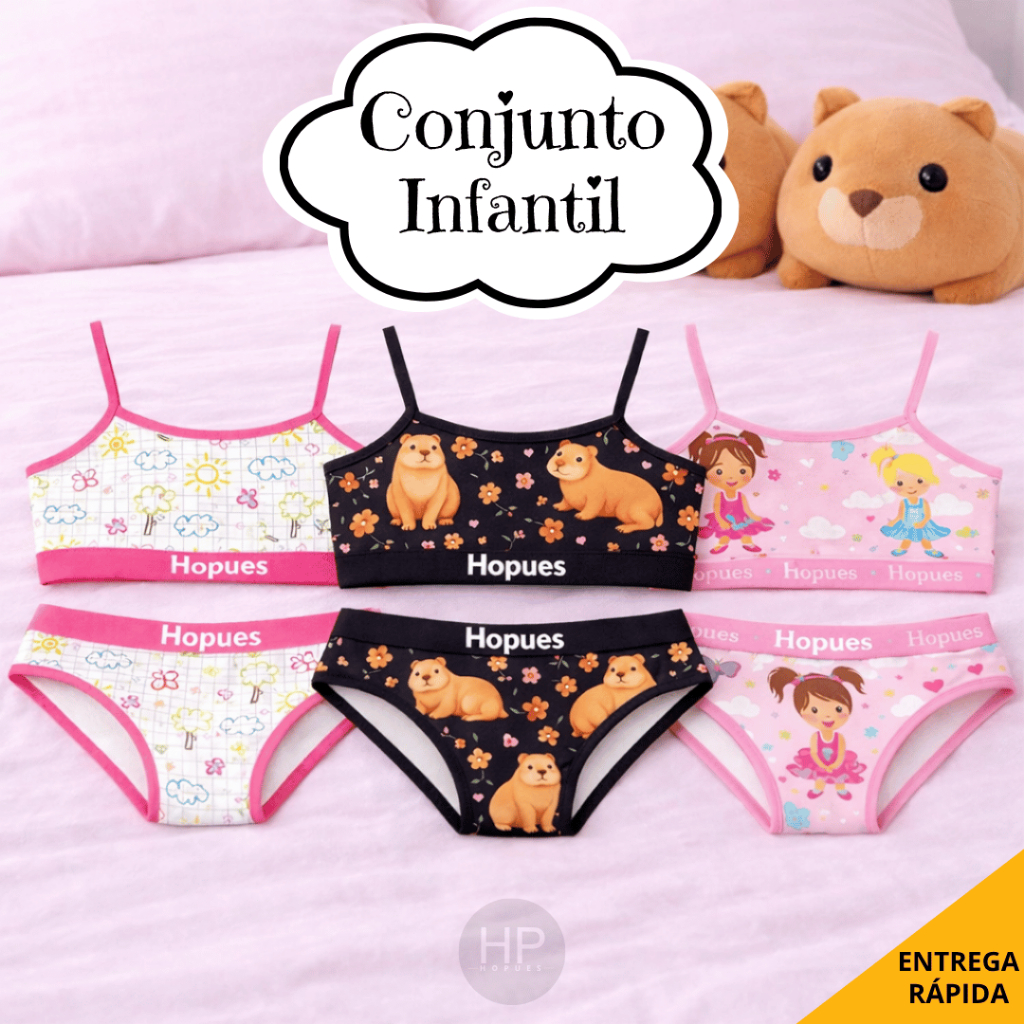Kit 2/4 Conjuntos Calcinha e Sutiã Infantil Sem Bojo Microfibra Estampado