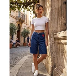 Bermuda jeans femininos de cintura alta, barra cortado modelo de verão