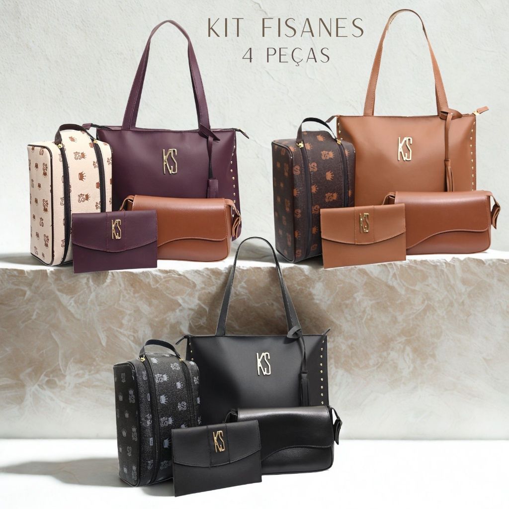 Kit Bolsa Feminina 4 Peças Completo Barato + Sacola Grande, Necessaire e Carteira