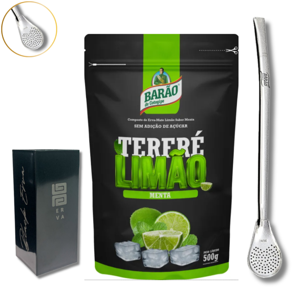 KIT TERERÉ BARAO Erva Mate 500g Saborse + Copo Quadrado Preto + Bomba de Tereré Cromada