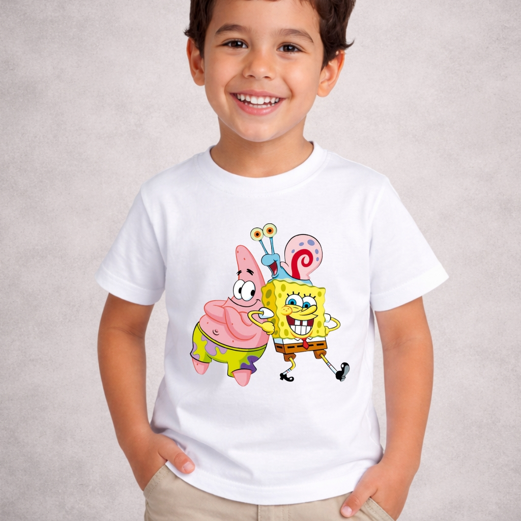 Camiseta Infantil Menino Bob Esponja Patrick e Gary Caracol Desenho Animado Blusa 100% Algodão