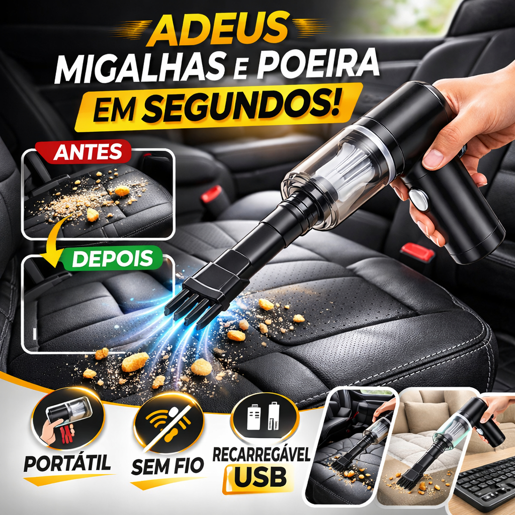 Aspirador Portátil Sem Fio USB para Carro Mini Aspirador Automotivo Recarregável Limpeza Rápida Poeira e Migalhas