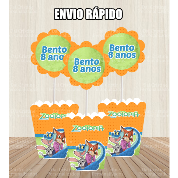 kit  Centro de Mesa Personalizado Caixa Cachepot Zootopia  Cachepô Filme 1 e 2 Enfeite Arranjo