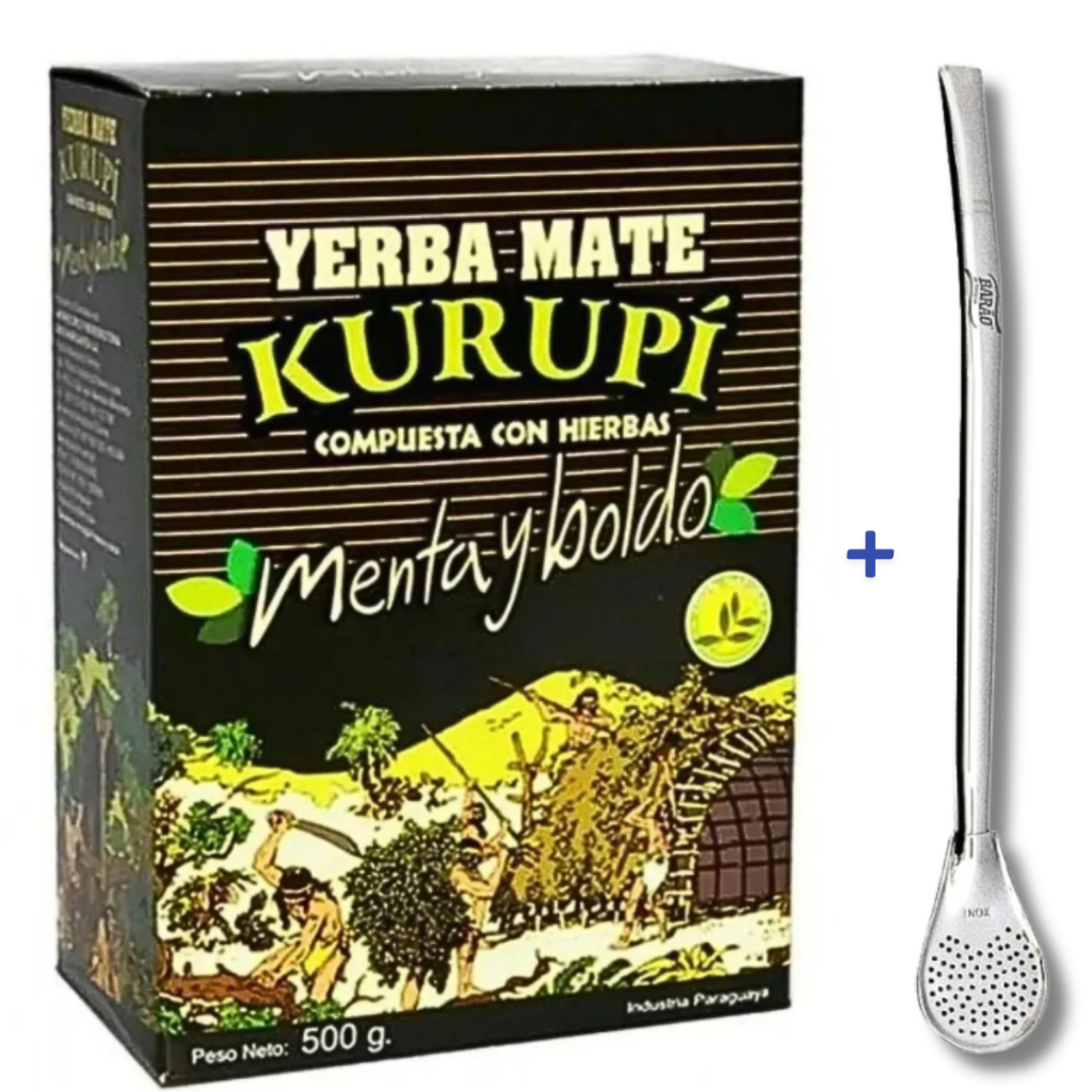 Erva Mate Tereré Kurupi Original 500G Importada Paraguaia + Bomba de Tereré 19cm Cromada