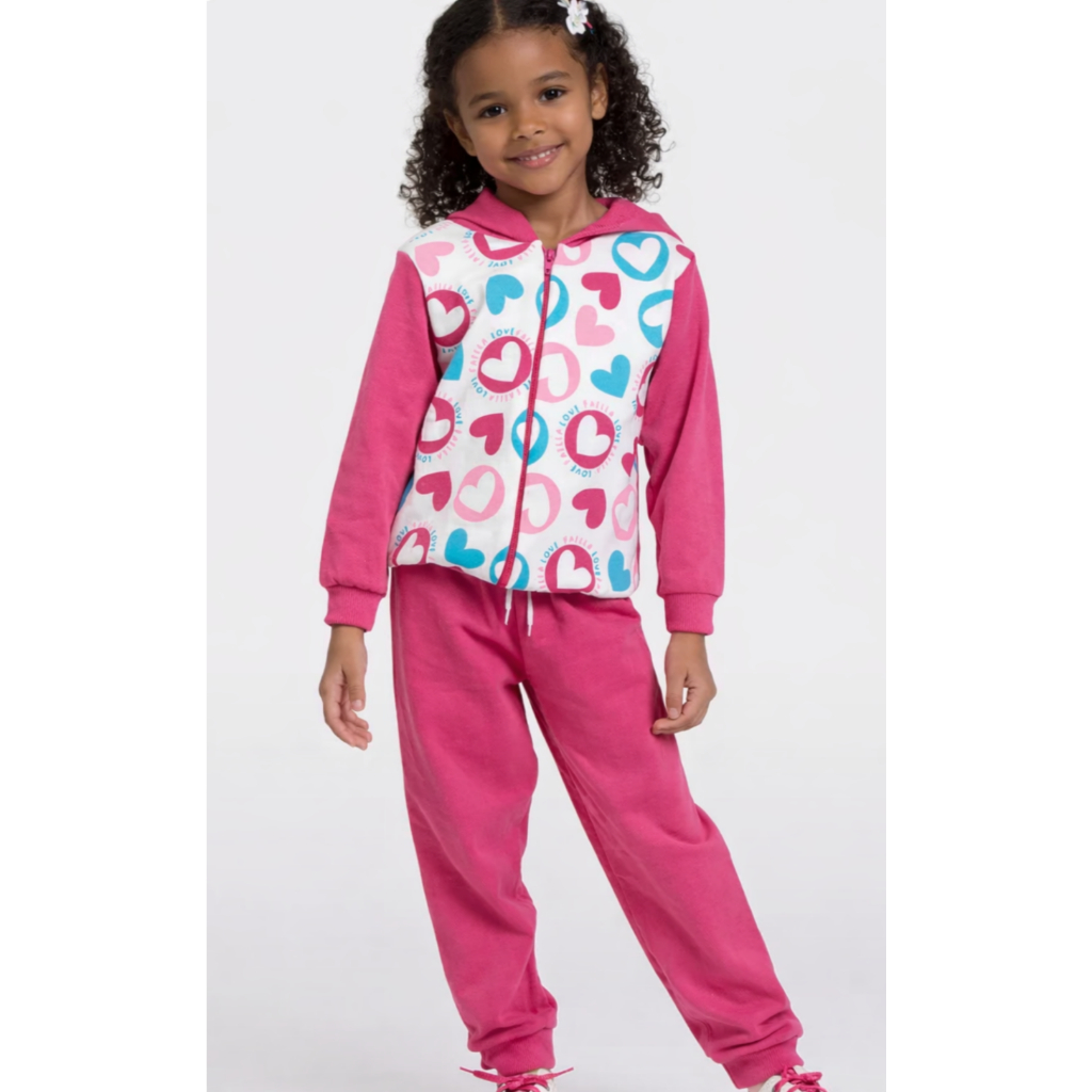 Conjunto Infantil Feminino Peluciado Inverno Moletom Flanelado Corações Rosa Quentinho Menina