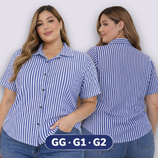 Camisa Listrada Feminina Plus Size Social Crepinho Macio Não Amassa EXG G1 G2  Trabalho Elegante em Oferta na Shopee