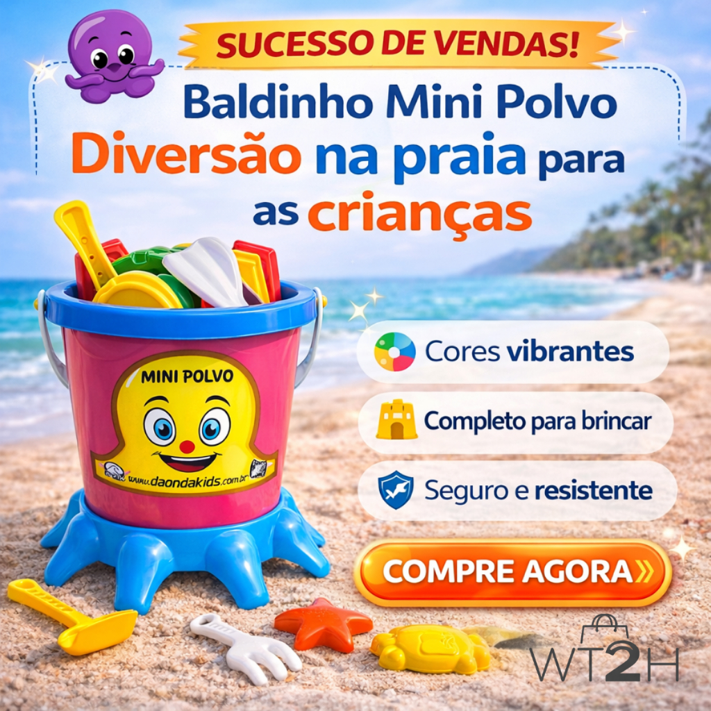 Baldinho Mini Polvo Praia Infantil Completo | Brinquedo de Areia com Pá, Rastelo e Forminhas