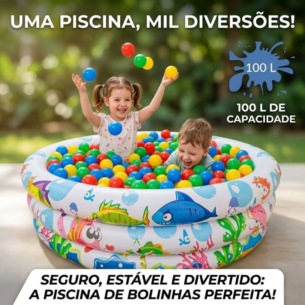 Piscina Inflável Infantil Redonda 3 aneis 100 Litros Fundo Do Mar Criança Agua E Bolinhas