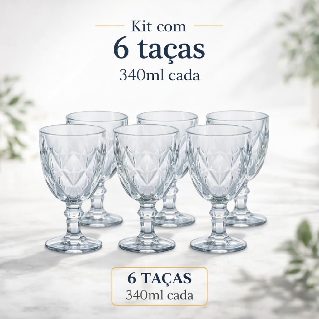 Kit 6 Taças Diamante Luxo 340ml Vidro Resistente Elegante Para Vinho Água Mesa Posta