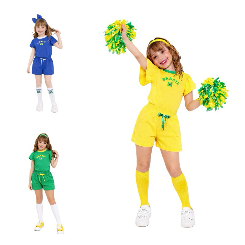 Conjunto infantil Brasil roupa brasil menina verde, amarelo ou azul blusa e shorts