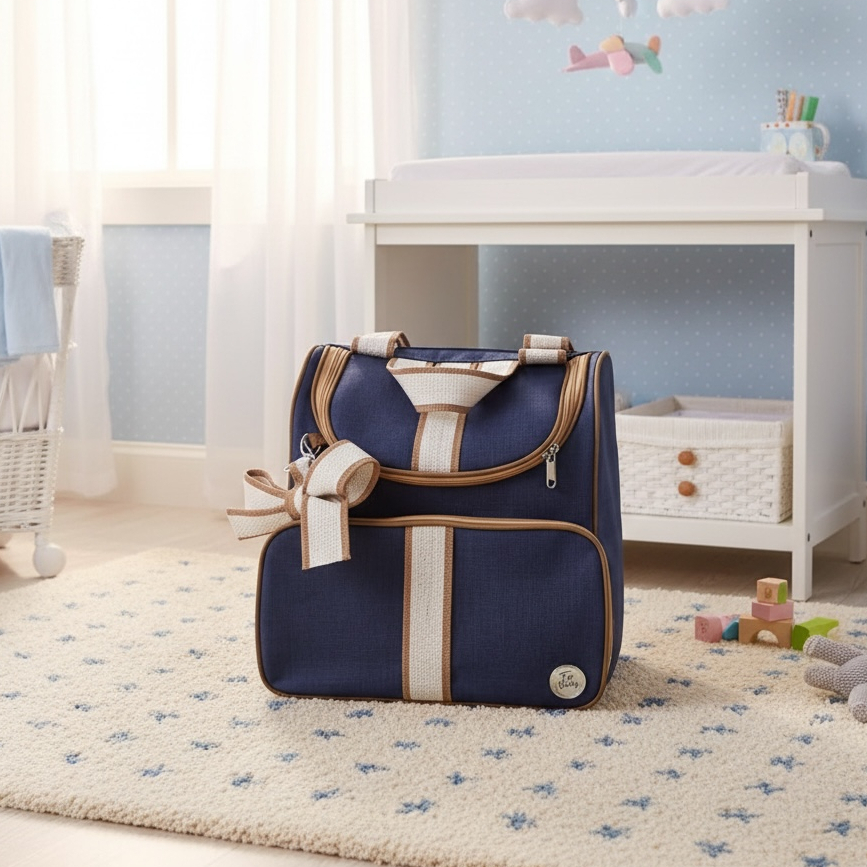 Mochila maternidade, 2 em 1 Luxo com laço, Jeans Marinho/caramelo
