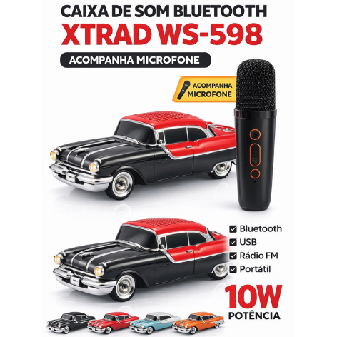 Caixa Som Bluetooth Carro XTRAD WS-598 10W FM USB Microfone