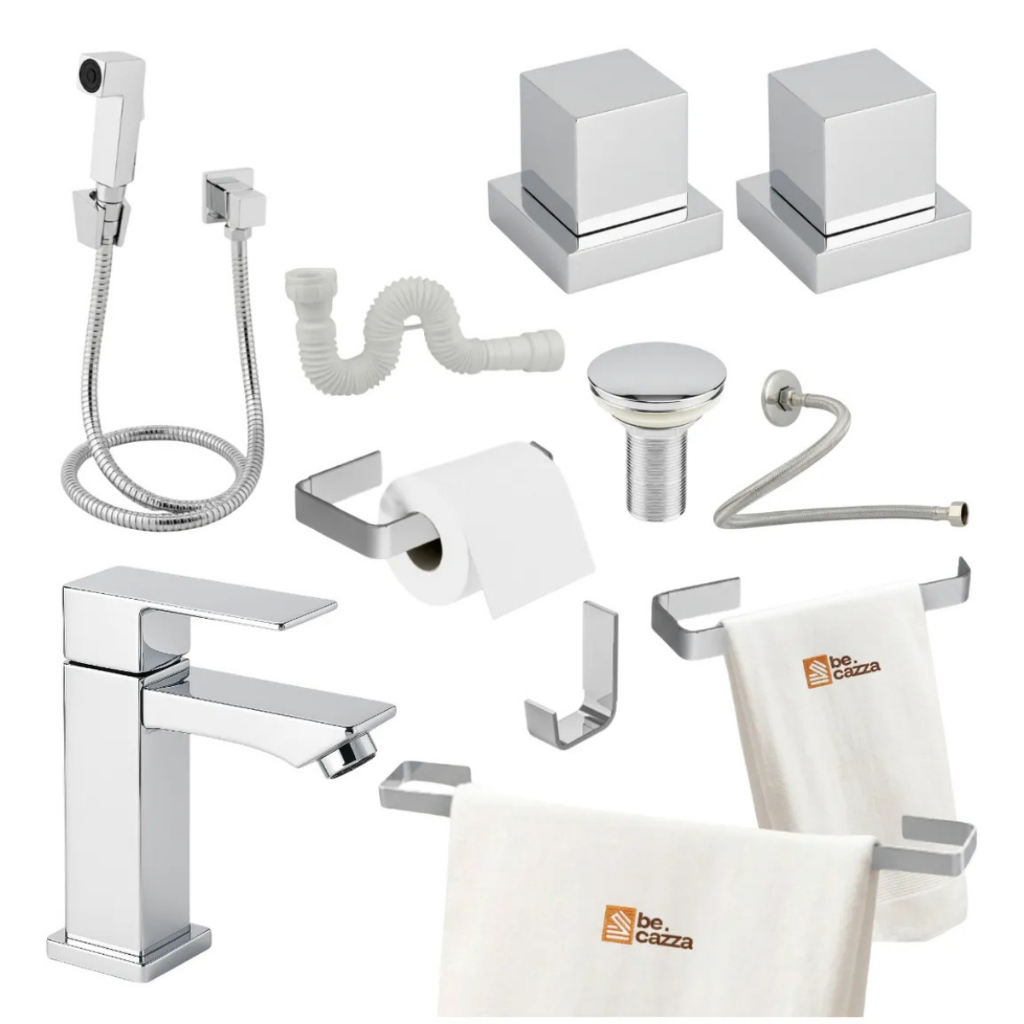 Kit Acessórios Banheiro Completo Inox Cromado com Torneira Bica Baixa e Acabamen