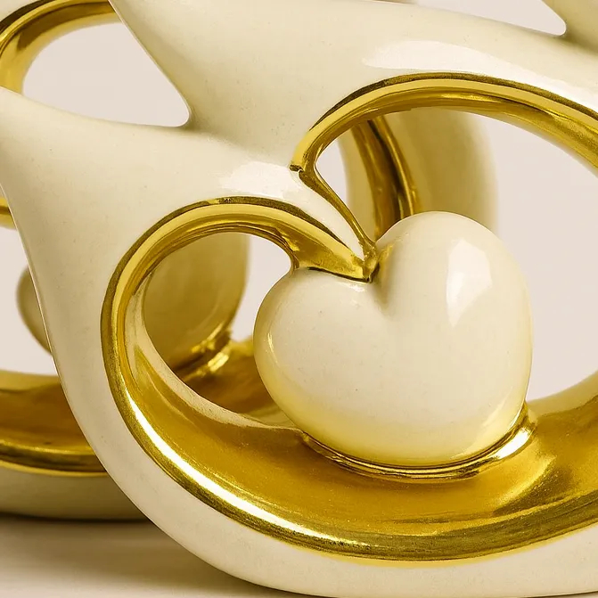 Escultura Cisnes Decorativos Brancos com Dourado Cerâmica para Sala Mesa Aparador