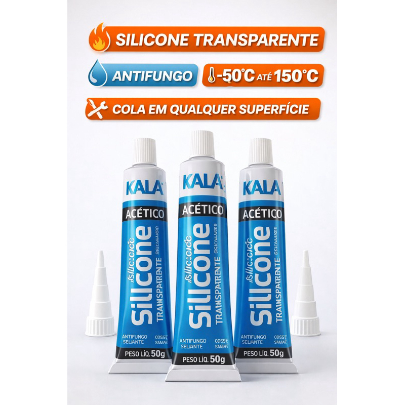 kit 3 cola silicone adesivo tranparente  Kala 50g cola e veda tudo como vidro, calha, madeira, pia, vaso e azulejo