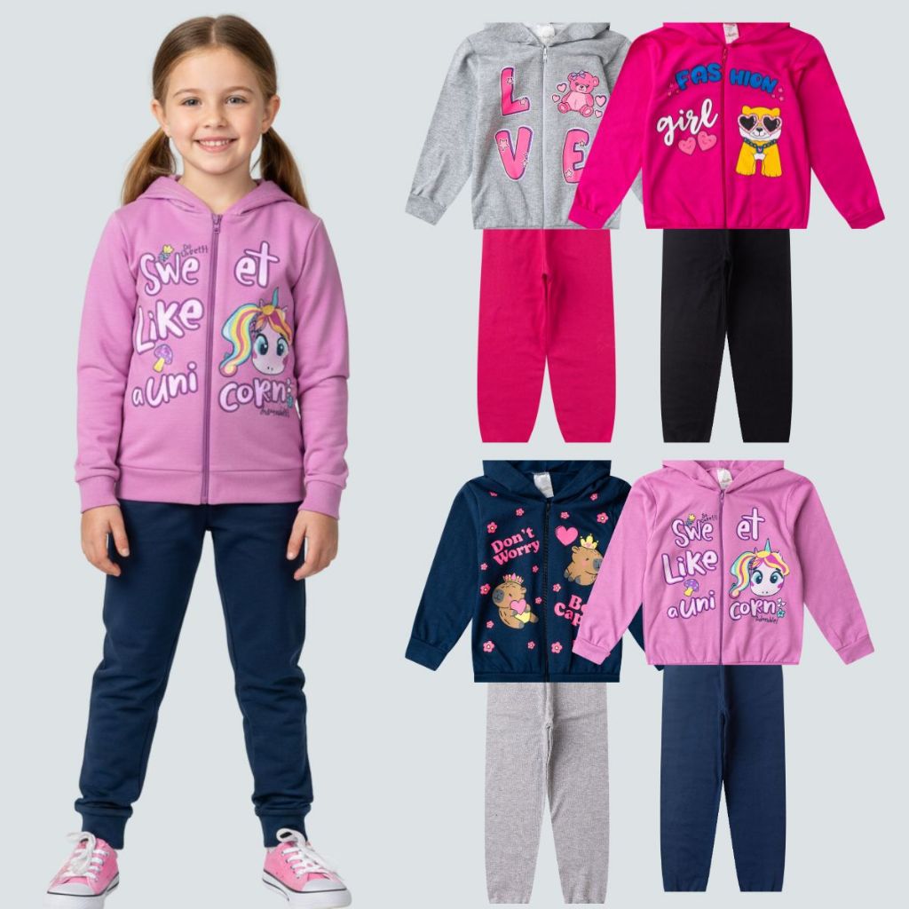 Kit 8 peças Conjunto Menina Calça Moletom Casaco Estiloso Frio Roupa Infantil Inverno Ribana Capuz