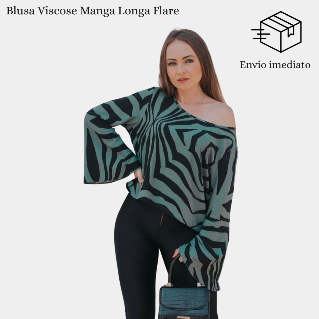Blusa Feminina Viscose Manga Longa Flare Estampada Ombro a Ombro Elegante Confortável