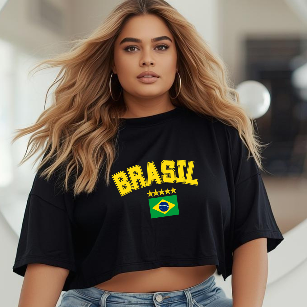 Cropped Oversized Plus Size Brasil 🇧🇷 – Camiseta Preta Soltinha que Valoriza | Do m ao G3 | Últimas Peças! Preta Brasil