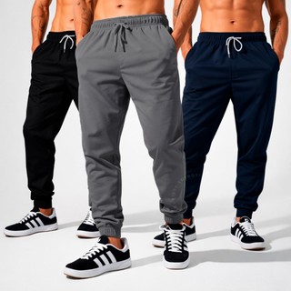 Kit 3 Calça Jogger Masculina Elastano Tactel Academia Treino Fitness Slim Dry Fit Esportiva Leve
