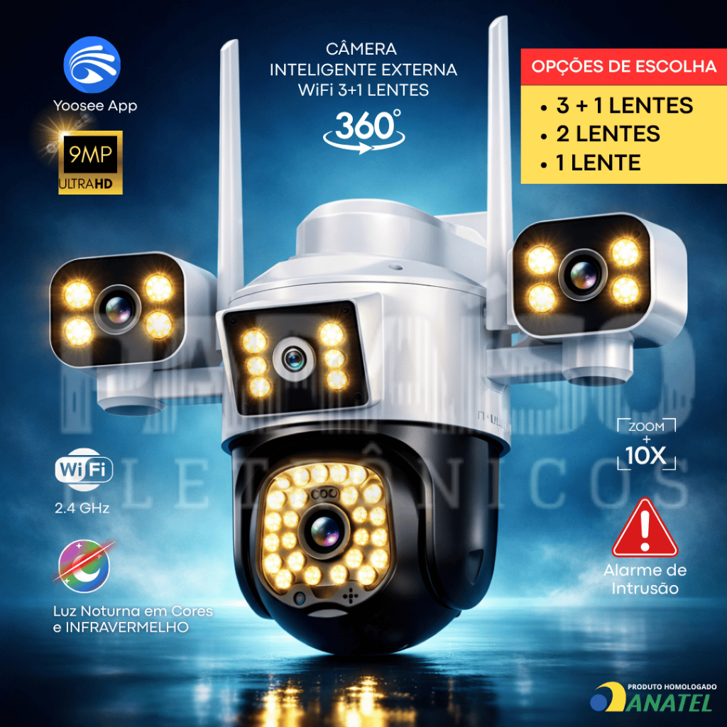 [ULTRA HD] Câmera de Segurança 360º Inteligente Wi-Fi 10x ZOOM Infravermelho 3+1 Lentes 2 ou 1 Lente