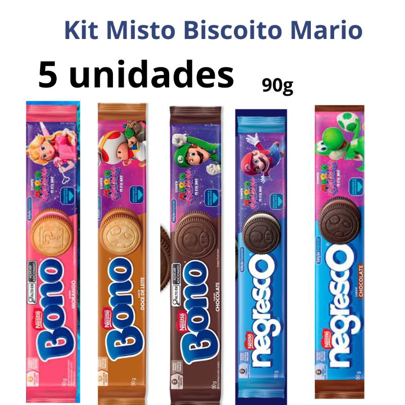 kit 5 ou 4 unid Biscoito recheado Negresco super Mario Bros 90g  Itens festa infantil Mario Bros Bolacha do Super Mario em Oferta na Shopee