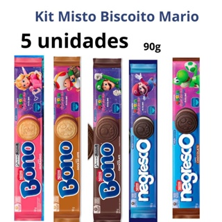 kit 5 ou 4 unid Biscoito recheado Negresco super Mario Bros 90g  Itens festa infantil Mario Bros Bolacha do Super Mario em Oferta na Shopee