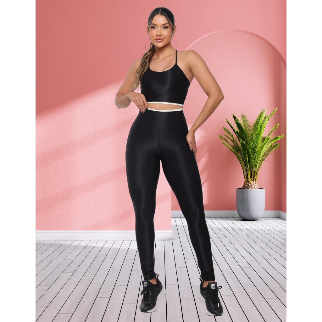 Conjunto Fitness Canelado Feminino de Calça Legging + Top Cropped Para Academia