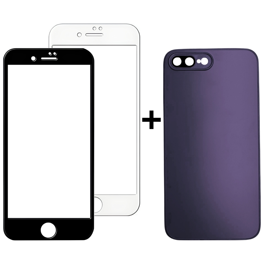 Kit Capinha Roxa Vidro Fosco e Película para Iphone 7 Plus Iphone 8 Plus 3D Transparente Temperado