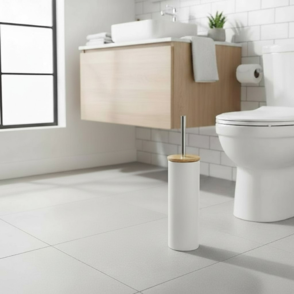Escova Sanitaria branca Wincy básica elegante tampa detalhe Bambu banheiro escovinha privada