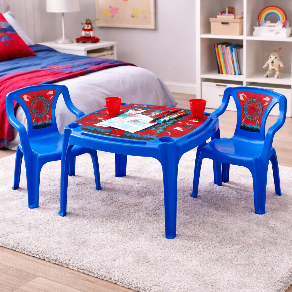 Kit Mesa e 2 Cadeiras Infantil Poltrona Homem Aranha Azul Reforçada Perfeita para Seus Filhos
