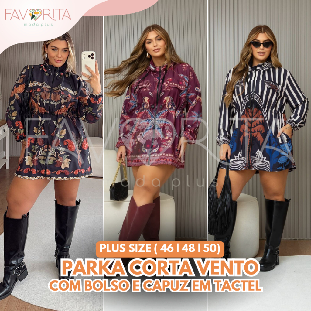 Parka Corta Vento em Tactel Plus Size Inspiração Estampa Tropical Chique Tendência em Oferta na Shopee